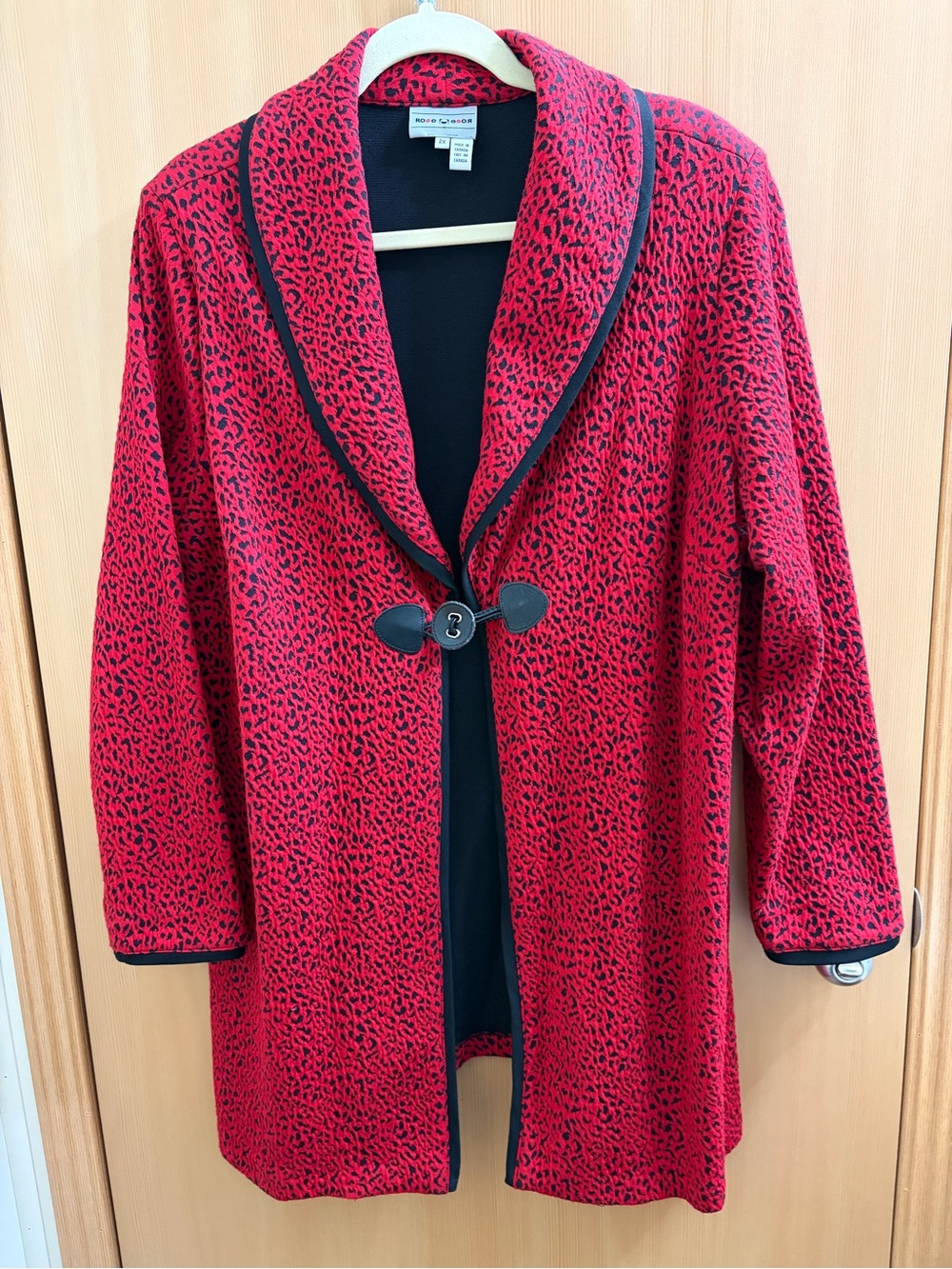 Red Patterned Shawl Collar Women's Coat - Rose brand, Made in Canada